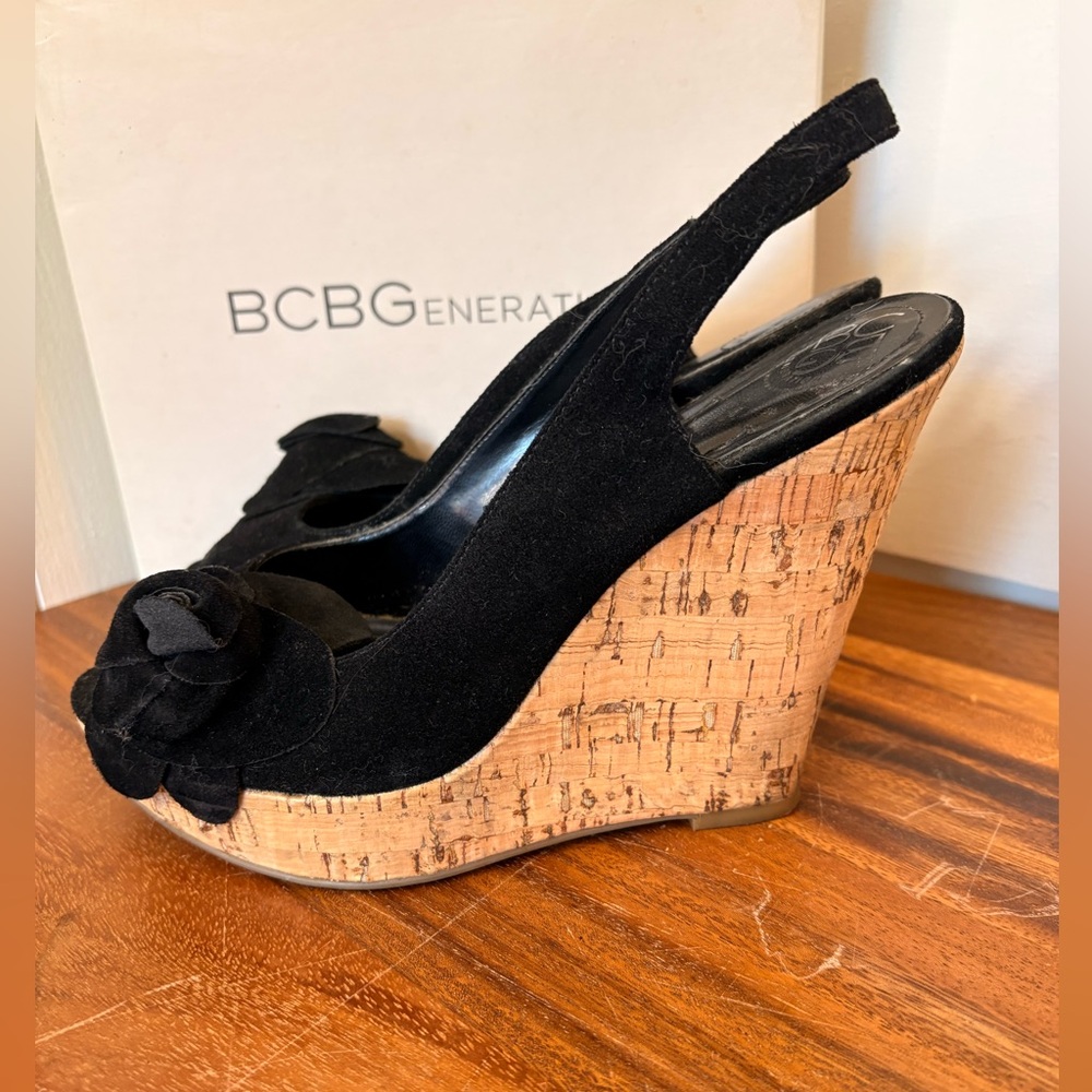 BCBGeneration Black Suede Cork Wedge Slingback Peep-Toe Sandals